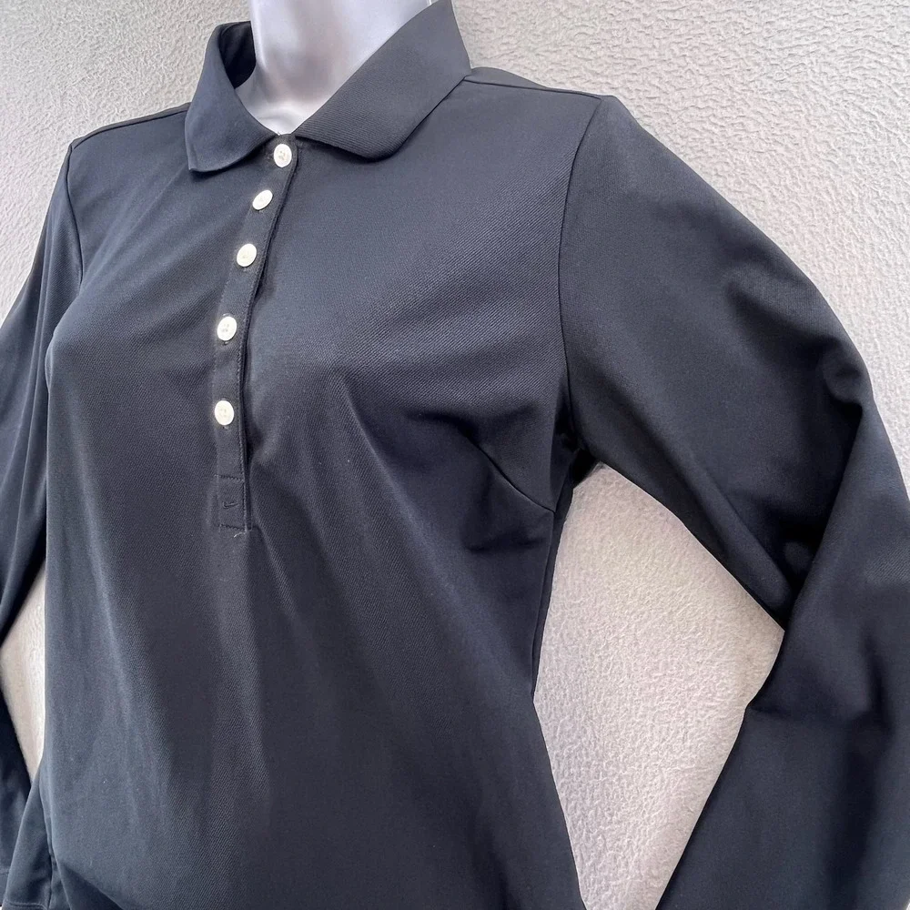Nike Women Polo Shirt Black Polyester Medium Long Sleeve Dri-FIT Golf 395368-010